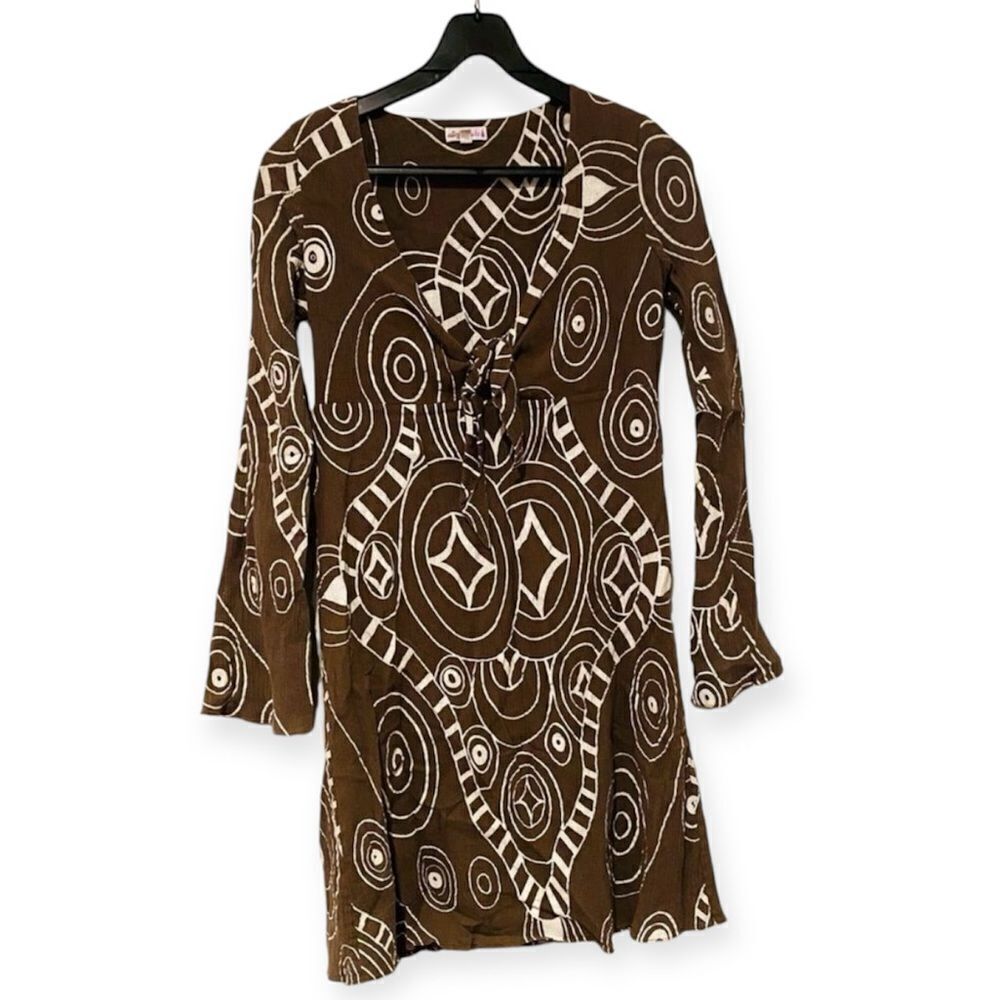 Brown Long Sleeve Dress with Geometric Patterns